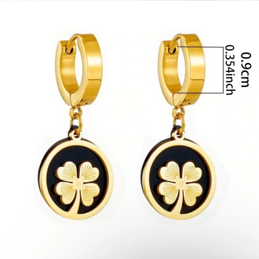New gold-plated stainless steel hoop earrings four-leaf clover charm black inlay
